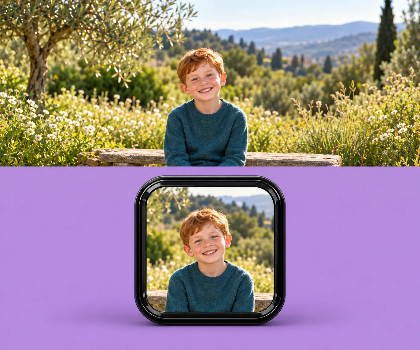 Crni Sensei sa fotografijom deteta na ljubičastoj pozadini