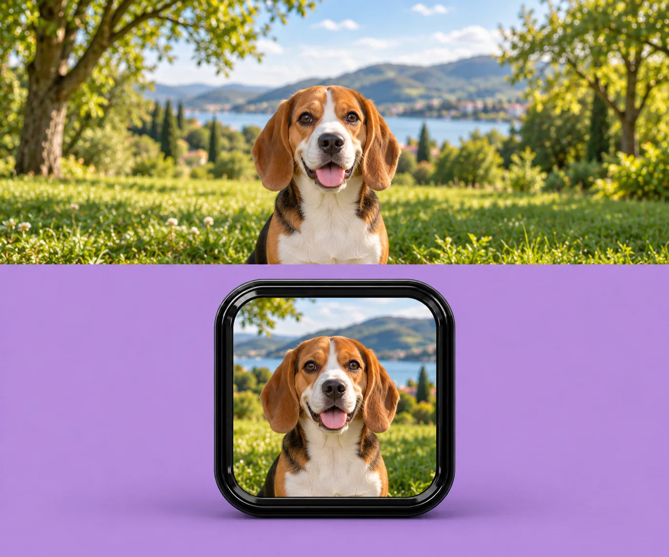 Crni Sensei sa fotografijom ljubimca na ljubičastoj pozadini