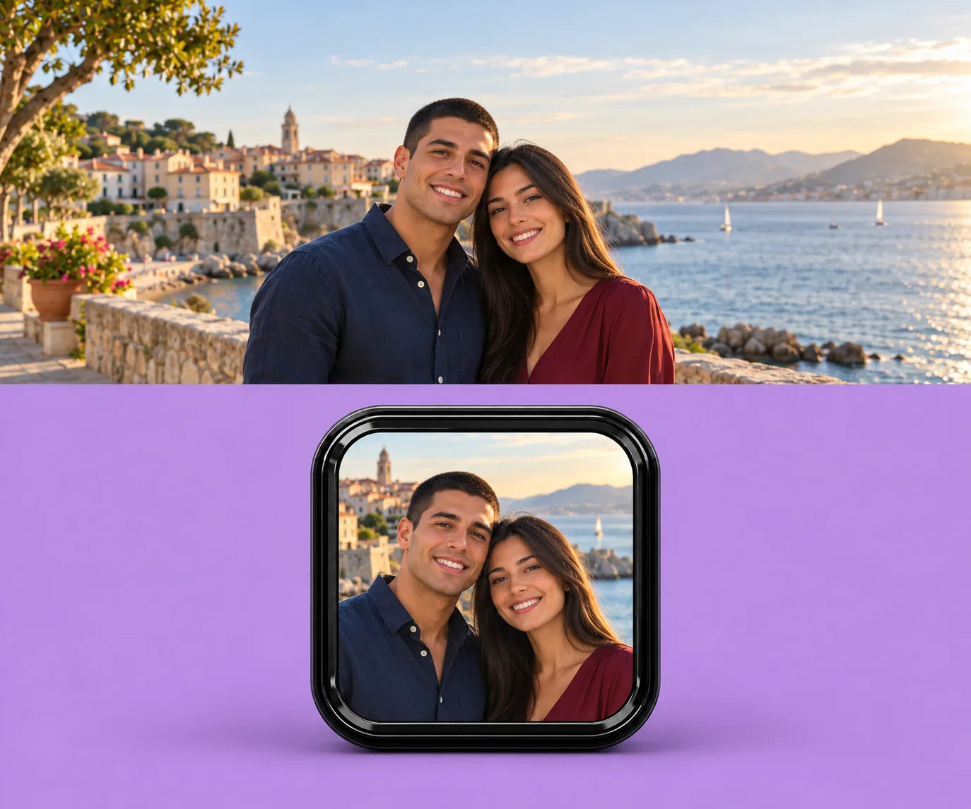 Crni Sensei sa fotografijom para na ljubičastoj pozadini